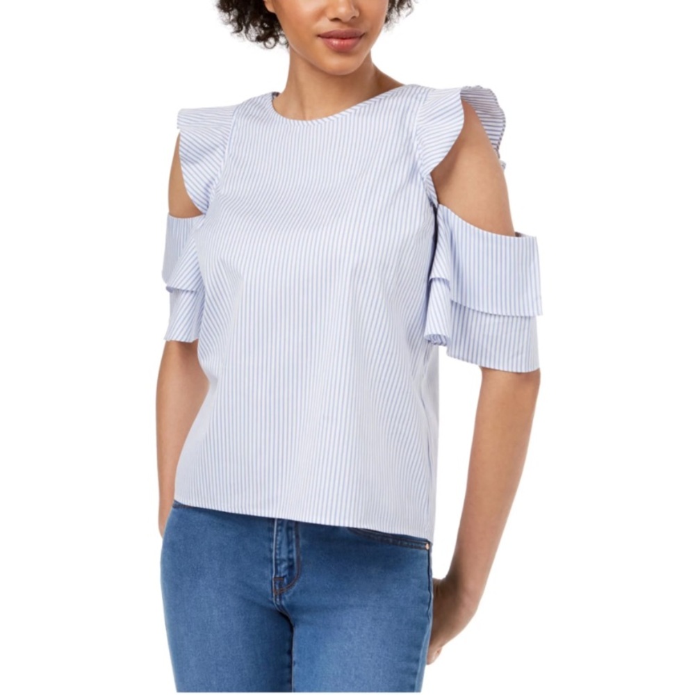 Maison Jules Striped Cold Shoulder Short Sleeve Blouse - Size XXL